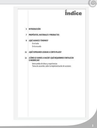 3
Índice
INTRODUCCIÓN
PROPÓSITOS, MATERIALES Y PRODUCTOS
¿QUÉ AVANCES TENEMOS?
En el aula
En la escuela
¿QUÉ ESPERAMOS LOGRAR A CORTO PLAZO?
¿CÓMO LO VAMOS A HACER? ¿QUÉ REQUERIMOS FORTALECER
O MODIFICAR?
Intercambio de ideas y experiencias	
Toma de acuerdos sobre la implementación de acciones
5
7
8
11
11
 
