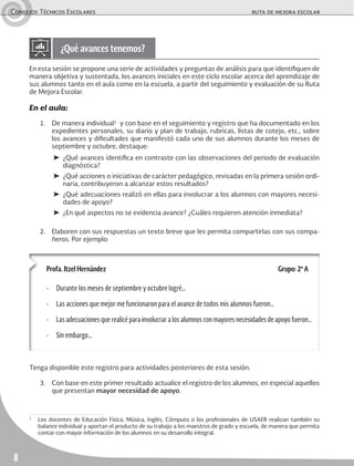 Consejos Técnicos Escolares	 ruta de mejora escolar
8
En esta sesión se propone una serie de actividades y preguntas de análisis para que identifiquen de
manera objetiva y sustentada, los avances iniciales en este ciclo escolar acerca del aprendizaje de
sus alumnos tanto en el aula como en la escuela, a partir del seguimiento y evaluación de su Ruta
de Mejora Escolar.
En el aula:
1.	 De manera individual1
y con base en el seguimiento y registro que ha documentado en los
expedientes personales, su diario y plan de trabajo, rubricas, listas de cotejo, etc., sobre
los avances y dificultades que manifestó cada uno de sus alumnos durante los meses de
septiembre y octubre, destaque:
➤	¿Qué avances identifica en contraste con las observaciones del periodo de evaluación
diagnóstica?
➤	 ¿Qué acciones o iniciativas de carácter pedagógico, revisadas en la primera sesión ordi-
naria, contribuyeron a alcanzar estos resultados?
➤	 ¿Qué adecuaciones realizó en ellas para involucrar a los alumnos con mayores necesi-
dades de apoyo?
➤	 ¿En qué aspectos no se evidencia avance? ¿Cuáles requieren atención inmediata?
2.	 Elaboren con sus respuestas un texto breve que les permita compartirlas con sus compa-
ñeros. Por ejemplo:
¿Qué avances tenemos?
Profa. Itzel Hernández 	 Grupo: 2º A
-	 Durante los meses de septiembre y octubre logré…
-	 Las acciones que mejor me funcionaron para el avance de todos mis alumnos fueron…
-	 Las adecuaciones que realicé para involucrar a los alumnos con mayores necesidades de apoyo fueron…
-	 Sin embargo…
Tenga disponible este registro para actividades posteriores de esta sesión.
3.	 Con base en este primer resultado actualice el registro de los alumnos, en especial aquellos
que presentan mayor necesidad de apoyo.
1
	 Los docentes de Educación Física, Música, Inglés, Cómputo o los profesionales de USAER realizan también su
balance individual y aportan el producto de su trabajo a los maestros de grado y escuela, de manera que permita
contar con mayor información de los alumnos en su desarrollo integral.
 