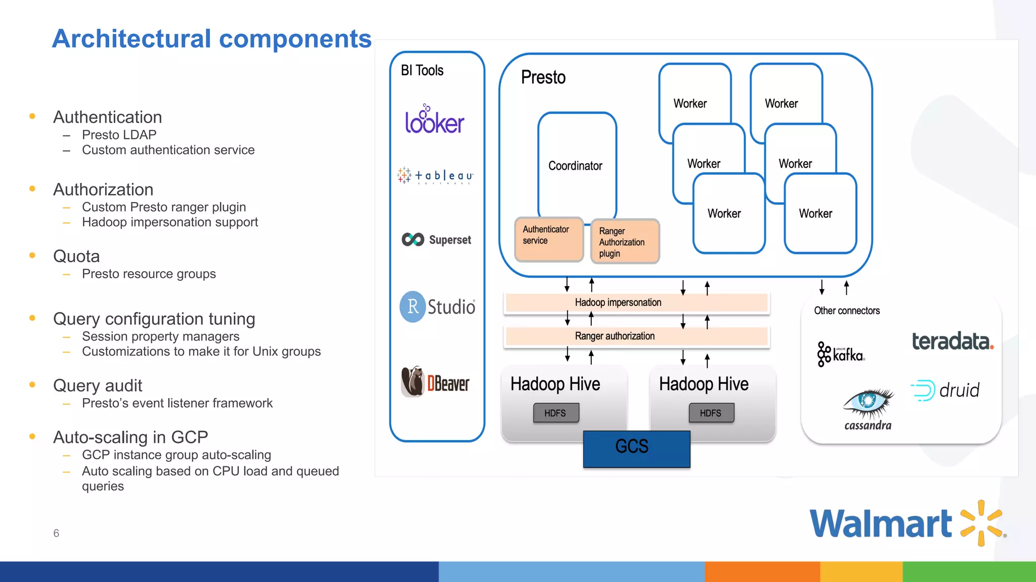 6
• Authentication
– Presto LDAP
– Custom authentication service
• Authorization
– Custom Presto ranger plugin
– Hadoop impersonation support
• Quota
– Presto resource groups
• Query configuration tuning
– Session property managers
– Customizations to make it for Unix groups
• Query audit
– Presto’s event listener framework
• Auto-scaling in GCP
– GCP instance group auto-scaling
– Auto scaling based on CPU load and queued
queries
Architectural components
 