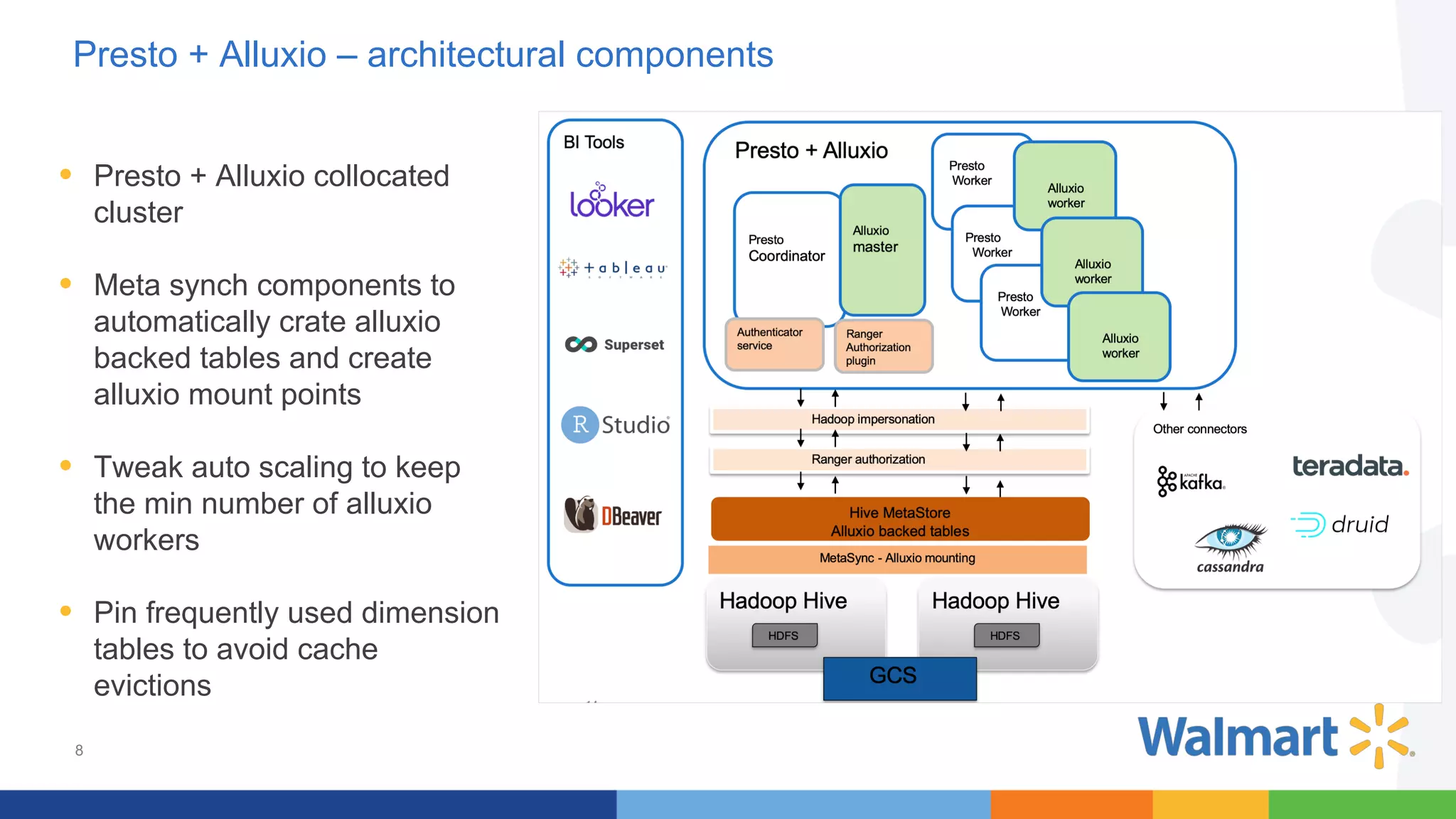 8
• Presto + Alluxio collocated
cluster
• Meta synch components to
automatically crate alluxio
backed tables and create
alluxio mount points
• Tweak auto scaling to keep
the min number of alluxio
workers
• Pin frequently used dimension
tables to avoid cache
evictions
Presto + Alluxio – architectural components
 
