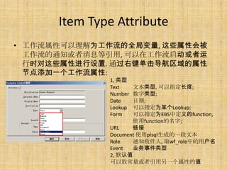 Item Type Attribute
? ԿΪȫֱ, ЩԻᱻ
  ֪ͨϢ, ڹ
  ʱЩԽ. ͨҼ
  ڵһ:
              1, 
              Text   ı, ָ;
              Number ;
              Date   ;
              Lookup ָΪĳLookup;
              Form   ָΪEBSжfunction,
                     ʹfunction;
              URL    
              Document ʹplsqlɵһı
              Role   ֪ͨռ, ȡwf_roleеû
              Event  ҵ¼
              2, Ĭֵ
              ȡһԵֵ
 