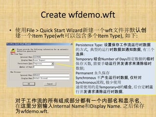 Create wfdemo.wft
? ʹFile > Quick Start Wizard½һwftļĬϴ
  һItem Type(wft԰Item Type), :
                    Persistence Type: ñ湤ʱ
                    ķʽ, ͵ʱ֪ͨ, 
                    ѡ:
                    Temporary Number of Daysָݵʱ
                    , Ҫֶвʱ
                    ;
                    Permanent ñ
                    Synchronous ʱ, 
                    Synchronous, ʹ
                    ͨʹõTemporary+0, ̨ʱ
                    вʱ.

 ڹɲֶһڲʾ,
 ֱInternal NameDisplay Name. ֮󱣴
 Ϊwfdemo.wft.
 