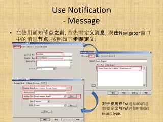 Use Notification
            - Message
? ʹ֪ͨڵ֮ǰ, 趨Ϣ, ˫Navigator
  еϢڵ, ²趨:




                       ʹFYA֪ͨϢ
                       ҪFYA֪ͨͬ
                       result type.
 