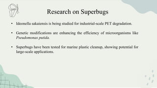 Research on Superbugs
• Ideonella sakaiensis is being studied for industrial-scale PET degradation.
• Genetic modifications are enhancing the efficiency of microorganisms like
Pseudomonas putida.
• Superbugs have been tested for marine plastic cleanup, showing potential for
large-scale applications.
 