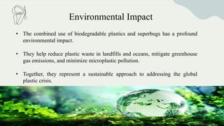 Environmental Impact
• The combined use of biodegradable plastics and superbugs has a profound
environmental impact.
• They help reduce plastic waste in landfills and oceans, mitigate greenhouse
gas emissions, and minimize microplastic pollution.
• Together, they represent a sustainable approach to addressing the global
plastic crisis.
 