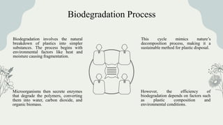 Biodegradation Process
This cycle mimics nature’s
decomposition process, making it a
sustainable method for plastic disposal.
However, the efficiency of
biodegradation depends on factors such
as plastic composition and
environmental conditions.
Biodegradation involves the natural
breakdown of plastics into simpler
substances. The process begins with
environmental factors like heat and
moisture causing fragmentation.
Microorganisms then secrete enzymes
that degrade the polymers, converting
them into water, carbon dioxide, and
organic biomass.
 