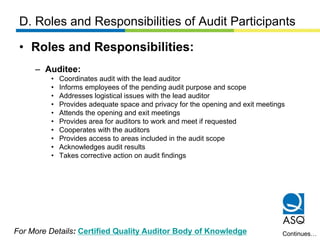 D. Roles and Responsibilities of Audit Participants
• Roles and Responsibilities:
– Auditee:
• Coordinates audit with the ...