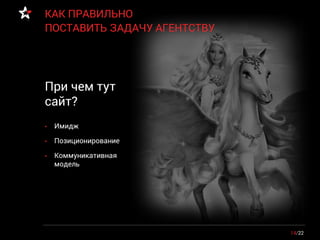 14/22
КАК ПРАВИЛЬНО
ПОСТАВИТЬ ЗАДАЧУ АГЕНТСТВУ
• Имидж
• Позиционирование
• Коммуникативная
модель
При чем тут
сайт?
 