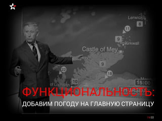 19/22
ФУНКЦИОНАЛЬНОСТЬ:
ДОБАВИМ ПОГОДУ НА ГЛАВНУЮ СТРАНИЦУ
 