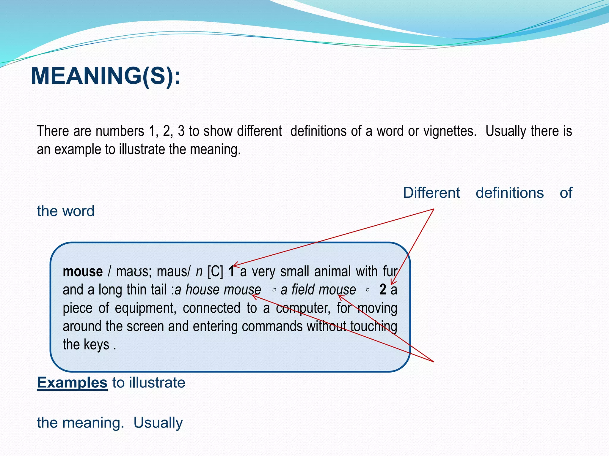 MEANING(S): 
There are numbers 1, 2, 3 to show different definitions of a word or vignettes. Usually there is 
an example to illustrate the meaning. 
Different definitions of 
the word 
mouse / maʊs; maus/ n [C] 1 a very small animal with fur 
and a long thin tail :a house mouse 。a field mouse 。2 a 
piece of equipment, connected to a computer, for moving 
around the screen and entering commands without touching 
the keys . 
Examples to illustrate 
the meaning. Usually 
 
