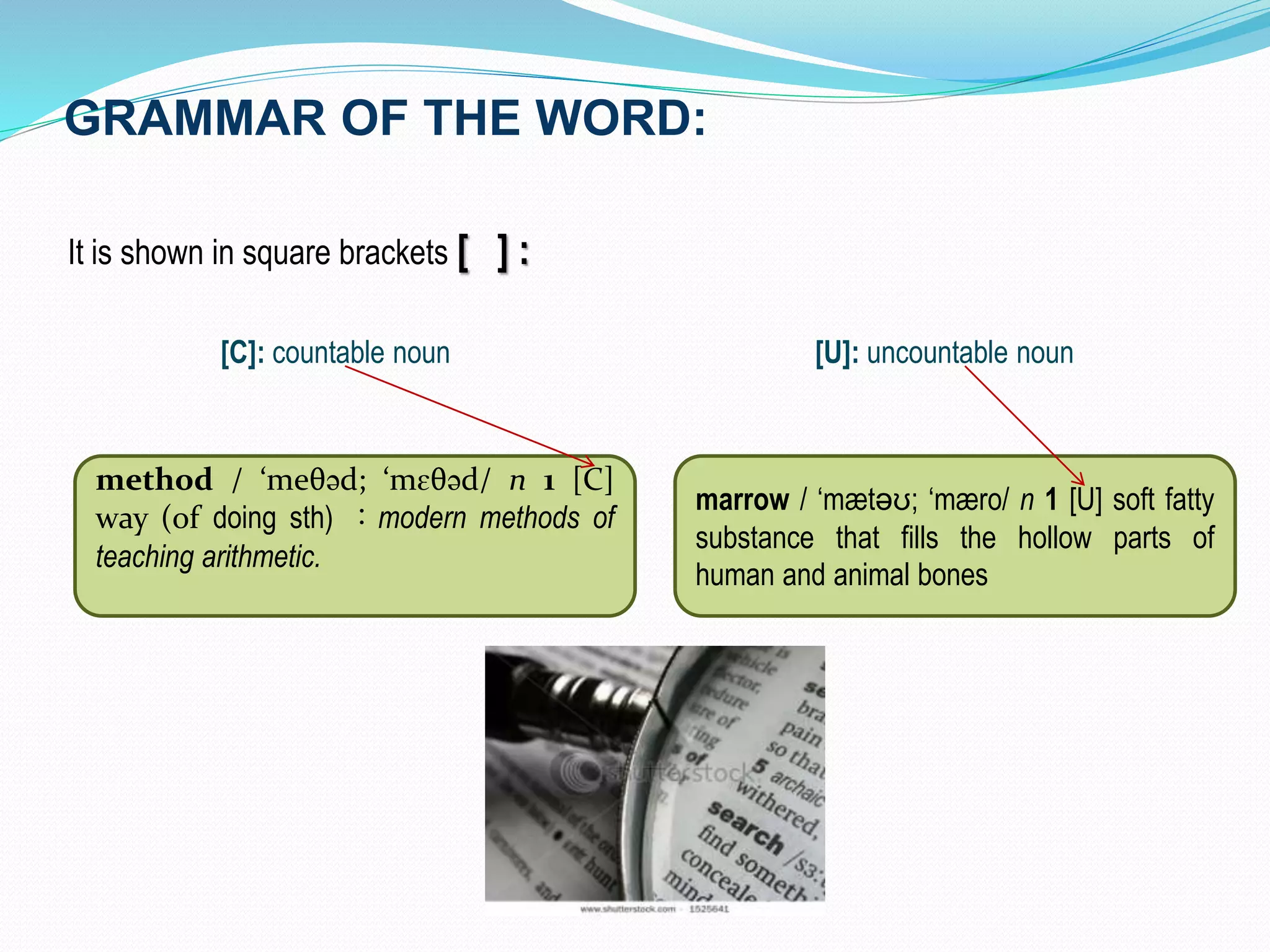GRAMMAR OF THE WORD: 
It is shown in square brackets [ ] : 
[C]: countable noun [U]: uncountable noun 
method / ‘meθəd; ‘mɛθəd/ n 1 [C] 
way (of doing sth) ：modern methods of 
teaching arithmetic. 
marrow / ‘mætəʊ; ‘mæro/ n 1 [U] soft fatty 
substance that fills the hollow parts of 
human and animal bones 
 