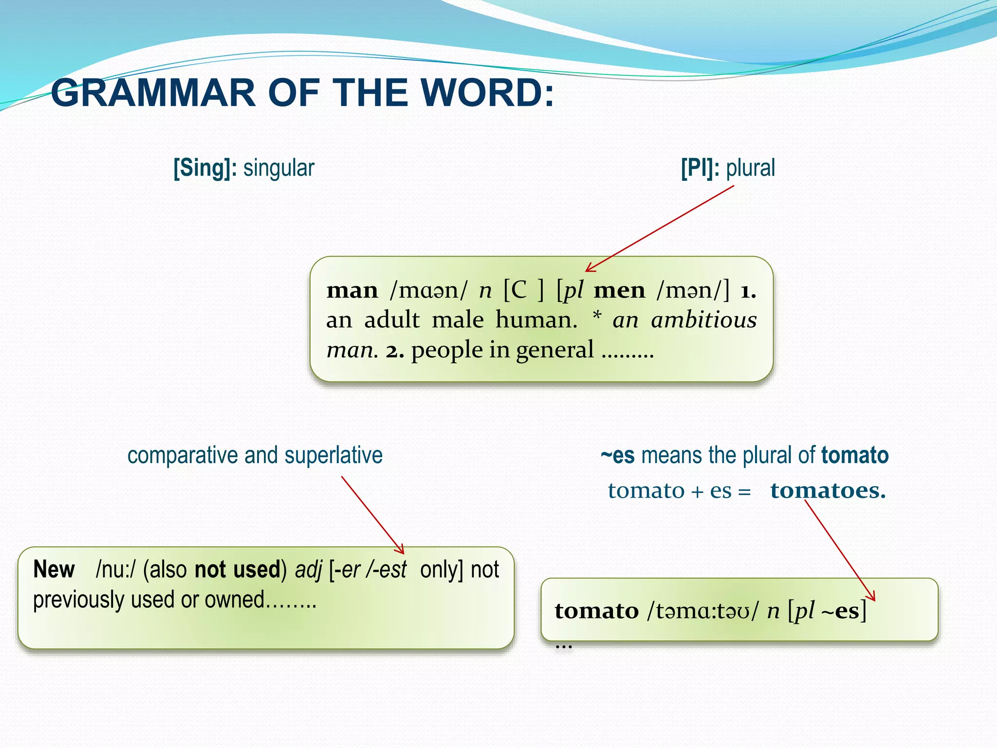 GRAMMAR OF THE WORD: 
[Sing]: singular [Pl]: plural 
man /mɑən/ n [C ] [pl men /mən/] 1. 
an adult male human. * an ambitious 
man. 2. people in general ……… 
comparative and superlative ~es means the plural of tomato 
tomato + es = tomatoes. 
New /nu:/ (also not used) adj [-er /-est only] not 
previously used or owned…….. tomato /təmɑ:təʊ/ n [pl ~es] 
... 
 