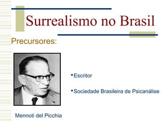 Surrealismo no Brasil
Precursores:
Mennoti del Picchia
Escritor
Sociedade Brasileira de Psicanálise
 