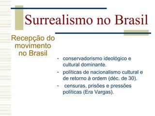 - conservadorismo ideológico e
cultural dominante.
- políticas de nacionalismo cultural e
de retorno à ordem (déc. de 30).
- censuras, prisões e pressões
políticas (Era Vargas).
Surrealismo no Brasil
Recepção do
movimento
no Brasil
 