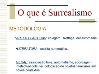 O que é Surrealismo
•ARTES PLASTICAS: colagem, frottage, decalcomania.
•LITERATURA: escrita automática.
GERAL: associação livre, automatismo, abordagem
intelectual coletiva, colocação de objetos familiares em
novos contextos.
METODOLOGIA
 