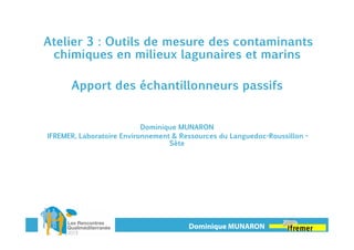 Atelier 3 : Outils de mesure des contaminants
chimiques en milieux lagunaires et marins
Apport des échantillonneurs passifs

Dominique MUNARON
IFREMER, Laboratoire Environnement & Ressources du Languedoc-Roussillon Sète

Dominique MUNARON

 