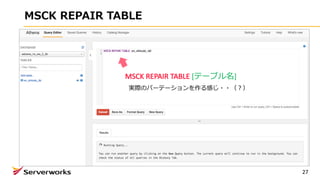 MSCK REPAIR TABLE
27
MSCK	REPAIR	TABLE	[テーブル名]
実際のパーテーションを作る感じ・・（？）
 
