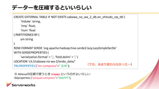 データーを圧縮するといいらしい
CREATE	EXTERNAL	TABLE	IF	NOT	EXISTS	sabawa_no_wa_2_db.on_shitudo_zip_tbl	(
`hiduke`	string,
`tmp`	float,
`hum`	float
)	PARTITIONED	BY	(
ym	string
)
ROW	FORMAT	SERDE	'org.apache.hadoop.hive.serde2.lazy.LazySimpleSerDe'
WITH	SERDEPROPERTIES	(
'serialization.format'	=	',',	'field.delim'	=	','	)	
LOCATION	's3://sabawa-no-wa-2/ondo_data/'	
TBLPROPERTIES ("orc.compress"="	ZLIB");
※ Athenaの圧縮で使うとき snappy というのがよいらしい
tblproperties	("parquet.compress"="SNAPPY");
（でも、あまり変わらなかった〜）
 