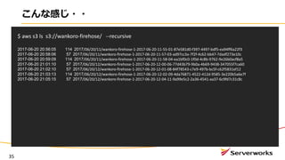35
こんな感じ・・
$	aws	s3	ls		s3://wankoro-firehose/			--recursive	
2017-06-20 20:56:05 114 2017/06/20/11/wankoro-firehose-1-2017-06-20-11-55-01-87e581d0-f397-4497-bdf5-ea94ff6a22f3
2017-06-20 20:58:06 57 2017/06/20/11/wankoro-firehose-1-2017-06-20-11-57-03-ad97cc3a-7f2f-4c62-bb47-7dadf273e10c
2017-06-20 20:59:09 114 2017/06/20/11/wankoro-firehose-1-2017-06-20-11-58-04-ea1bf0c0-1f0d-4c8b-9762-9e26b0acf8a5
2017-06-20 21:01:10 57 2017/06/20/12/wankoro-firehose-1-2017-06-20-12-00-06-77d43b79-9b0a-4b69-9438-347055f7ca60
2017-06-20 21:02:10 57 2017/06/20/12/wankoro-firehose-1-2017-06-20-12-01-08-84f78543-c7e9-497b-bc5f-c62f5831ef12
2017-06-20 21:03:13 114 2017/06/20/12/wankoro-firehose-1-2017-06-20-12-02-09-4da76871-4522-412d-9585-3e220b5a6e7f
2017-06-20 21:05:15 57 2017/06/20/12/wankoro-firehose-1-2017-06-20-12-04-11-9a99e5c2-2a36-4541-aa37-6c9fd7c31c8c
 