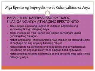 Mga Epekto ng Imperyalismo at Kolonyalismo sa Asya

 PAGSIDHI NG IMPERYALISMO SA TIMOG
 SILANGANG ASYA AT NAGING EPEKTO N...
