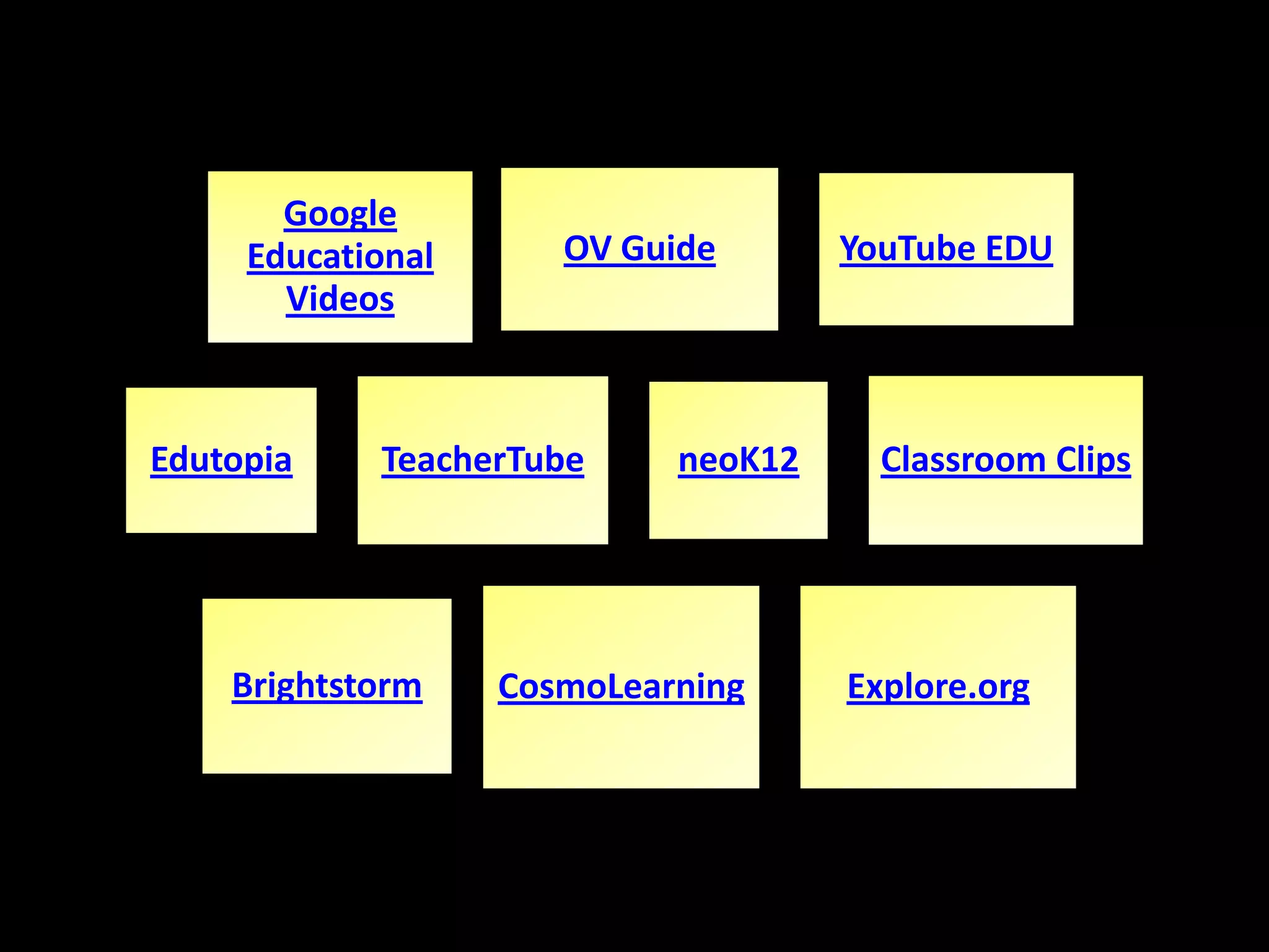 Google
Educational
Videos
OV Guide YouTube EDU
Edutopia TeacherTube neoK12 Classroom Clips
Brightstorm CosmoLearning Explore.org
 