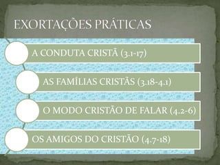 50
A CONDUTA CRISTÃ (3.1-17)
AS FAMÍLIAS CRISTÃS (3.18-4.1)
O MODO CRISTÃO DE FALAR (4.2-6)
OS AMIGOS DO CRISTÃO (4.7-18)
 