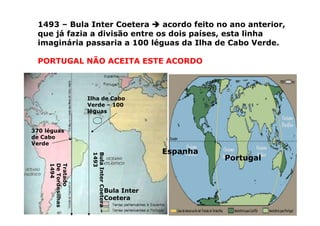 Ilha de Cabo
Verde – 100
léguas
Bula
Inter
Coetera
–
1493
Tratado
De
Tordesilhas
1494
370 léguas
de Cabo
Verde
Portugal
Espanha
Bula Inter
Coetera
1493 – Bula Inter Coetera 


 acordo feito no ano anterior,
que já fazia a divisão entre os dois países, esta linha
imaginária passaria a 100 léguas da Ilha de Cabo Verde.
PORTUGAL NÃO ACEITA ESTE ACORDO
 