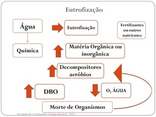 Eutrofização
Decompositores
aeróbios
DBO O2 ÁGUA
Fertilizantes
ououtros
nutrientes
Água
Química
Eutrofização
Matéria Orgânica ou
inorgânica
Morte de Organismos
Fernanda de S.F.Pimentel - Estágio docência - 2013
 