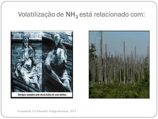 Volatilização de NH3 está relacionado com:
Fernanda de S.F.Pimentel - Estágio docência - 2013
 