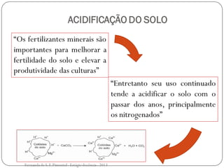 ACIDIFICAÇÃO DO SOLO
“Os fertilizantes minerais são
importantes para melhorar a
fertilidade do solo e elevar a
produtividade das culturas”
“Entretanto seu uso continuado
tende a acidificar o solo com o
passar dos anos, principalmente
os nitrogenados”
Fernanda de S.F.Pimentel - Estágio docência - 2013
 
