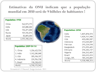 Estimativas da ONU indicam que a população
mundial em 2050 será de 9 bilhões de habitantes !
Fernanda de S.F.Pimentel - Estágio docência - 2013
 
