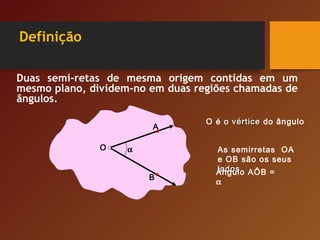 Definição
Duas semi-retas de mesma origem contidas em um
mesmo plano, dividem-no em duas regiões chamadas de
ângulos.
O
A
B
O é o vérticevértice do ângulo
As semirretas OA
e OB são os seus
ladoslados
α
Ângulo AÔB =
α
 