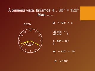 Á primeira vista, faríamos 4 . 30° = 120°
Mas......
12
1
2
3
4
5
6
7
8
9
10
11
x α
α = 120° + x
20 min = 1
60 min 3
α = 120° + 10°
α = 130°
8:20h
1 . 30° = 10°
3
 
