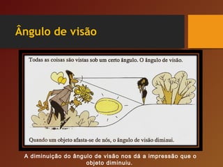 Ângulo de visão
A diminuição do ângulo de visão nos dá a impressão que o
objeto diminuiu.
 