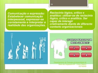 Comunicação e expressão:
Estabelecer comunicação
interpessoal, expressar-se
corretamente e interpretar a
realidade das organizações.
Raciocínio lógico, crítico e
analítico: utilizar-se de raciocínio
lógico, crítico e analítico. Ser
capaz de interagir
criativamente diante de diferente
contexto organizacionais
Departamento de Teologia da Assembleia de
Deus de Caçapava-SP - Curso Básico
CETADEB
29
 