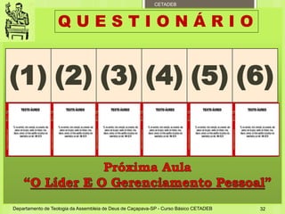 CETADEB
Departamento de Teologia da Assembleia de Deus de Caçapava-SP - Curso Básico CETADEB 32
Q U E S T I O N Á R I O
(1) (2) (3) (4) (5) (6)
C C C C C C
 