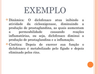 EXEMPLO
 Dinâmica: O diclofenaco atua inibindo a
  atividade da ciclooxigenase, diminuindo a
  produção de prostaglandina, as quais aumentam
  a      permeabilidade     causando       reações
  inflamatórias, ou seja, diclofenaco diminui a
  produção de prostaglandina e a inflamação.
 Cinética: Depois de exercer sua função o
  diclofenaco é metabolizado pelo fígado e depois
  eliminado pelos rins.
 