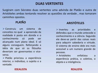DUAS VERTENTES
Surgiram com Sócrates duas vertentes uma advinda de Platão e outra de
Aristóteles ambas tentando resolver as questões da verdade , mas tomaram
caminhos opostos.
PLATÃO
 Construiu um sistema de
conceitos no qual a apreensão da
realidade é posta em dúvida e o
conhecimento só pode ser
alcançado num plano ideal. E só
alguns conseguem. Reforçando a
idéia de que só os filósofos
deveriam ser governantes e vice-
versa.
 Platão priorizou a experiência
interior, o individuo, o sujeito e a
vontade.
 Inverteu as prioridades e
defendeu que o mundo antecede o
conhecimento e a ciência. Segundo
ele deve-se partir das coisas reais
para adquirir sabedoria e virtude.
O sistema de ensino dele era mais
acessível a um numero grande de
pessoas.
 Aristóteles enfatizou a
experiência prática, o coletivo, o
objeto e a inteligência.
ARISTÓTELES
IDEALISTA REALISTA
 