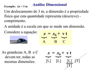 Exemplo: Δx = 3 m
Um deslocamento de 3 m, a dimensão é a propriedade
física que esta quantidade representa (descreve) -
comprimento.
A unidade é a escala em que se mede um dimensão.
Considere a equação:
Análise Dimensional
A B C
x = x0 + v t
As grandezas A, B e C
devem ter, todas as
mesmas dimensões. [L] [L] [L] [T]
[T]
x = x0 + v t
 