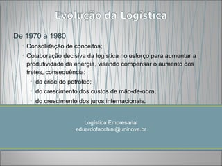 De 1970 a 1980
  • Consolidação de conceitos;
  • Colaboração decisiva da logística no esforço para aumentar a
    produtividade da energia, visando compensar o aumento dos
    fretes, consequência:
    • da crise do petróleo;
    • do crescimento dos custos de mão-de-obra;
    • do crescimento dos juros internacionais.


                        Logística Empresarial
                     eduardofacchini@uninove.br
 