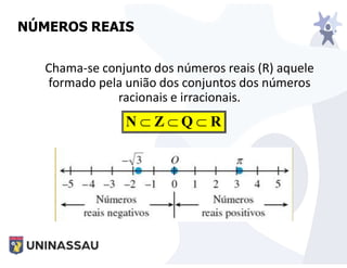 NÚMEROS REAIS
R
Q
Z
N 


Chama-se conjunto dos números reais (R) aquele
formado pela união dos conjuntos dos números
racionais e irracionais.
 