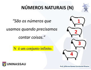 NÚMEROS NATURAIS (N)
“São os números que
usamos quando precisamos
contar coisas.”
1
2
3
4
N é um conjunto infinito.
 