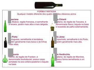 FORMA FANTASIA Qualquer modelo diferente dos quatro modelos clássicos acima     Alsaciana   Da Alsácia, região francesa, é semelhante à renana, porém mais alta e mais delgada.       Do Chianti   Italiana, da região da Toscana, é denominada  fiasco , bojuda na base e revestida de palha externamente.     Do Porto   Portuguesa, semelhante à bordalesa, porém geralmente mais baixa e de linhas mais retas.      Do Jerez   Espanhola, semelhante à do Porto, porém geralmente mais alta.        Franconia   Alemã, da região de Franken, é denominada  bocksbeutel , possui corpo achatado no eixo antero-posterior e bojudo na base.      Do Verdicchio   Italiana, da região de Marches, possui forma semelhante a um violão. 