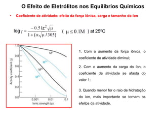 1. Com o aumento da força iônica, o
coeficiente de atividade diminui;
2. Com o aumento da carga do íon, o
coeficiente de atividade se afasta do
valor 1;
3. Quando menor for o raio de hidratação
do íon, mais importante se tornam os
efeitos da atividade.
• Coeficiente de atividade: efeito da força iônica, carga e tamanho do íon
O Efeito de Eletrólitos nos Equilíbrios Químicos
 