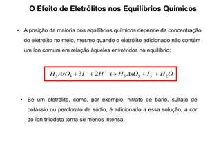 O Efeito de Eletrólitos nos Equilíbrios Químicos
OHIAsOHHIAsOH 233343 23  
• A posição da maioria dos equilíbrios químicos depende da concentração
do eletrólito no meio, mesmo quando o eletrólito adicionado não contém
um íon comum em relação àqueles envolvidos no equilíbrio;
• Se um eletrólito, como, por exemplo, nitrato de bário, sulfato de
potássio ou perclorato de sódio, é adicionado a essa solução, a cor
do íon triiodeto torna-se menos intensa.
 