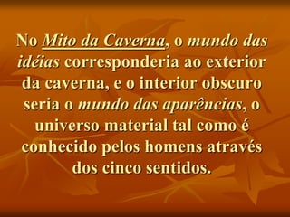 No Mito da Caverna, o mundo das
idéias corresponderia ao exterior
da caverna, e o interior obscuro
seria o mundo das aparências, o
universo material tal como é
conhecido pelos homens através
dos cinco sentidos.
 