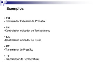  PIC
- Controlador Indicador de Pressão;
 TIC
-Controlador Indicador de Temperatura;
 LIC
-Controlador Indicador de Nível;
 PT
-Transmissor de Pressão;
 TT
- Transmissor de Temperatura;
Exemplos
 