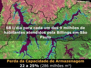 Fonte: Bocuhy (2005)




 68 l/dia para cada um dos 9 milhões de
habitantes atendidos pela Billings em São
                  Paulo




 Perda da Capacidade de Armazenagem
       22 a 25% (286 milhões m3)
 