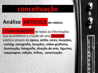 conceituação

DIREÇÃO DE PROGRAMAS

Análise ARTÍSTICA do roteiro.
LEVANTAMENTO

de todas as informações
que possibilitem a criação de uma UNIDADE
estética através da época, estilo, cores, locações,
casting, cenografia, locações, vídeo-grafismo,
iluminação, fotografia, direção de arte, figurino,
maquiagem, edição, trilhas, sonorização.

 