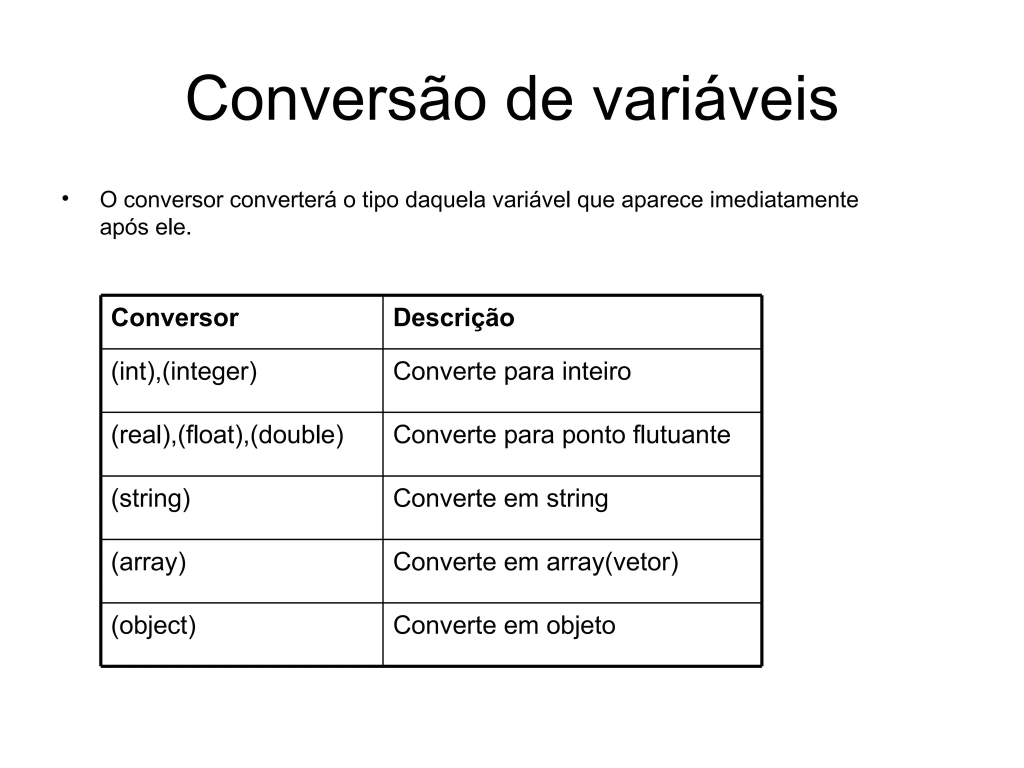 Conversão de variáveis
•   O conversor converterá o tipo daquela variável que aparece imediatamente
    após ele.



     Conversor                 Descrição

     (int),(integer)           Converte para inteiro

     (real),(float),(double)   Converte para ponto flutuante

     (string)                  Converte em string

     (array)                   Converte em array(vetor)

     (object)                  Converte em objeto
 
